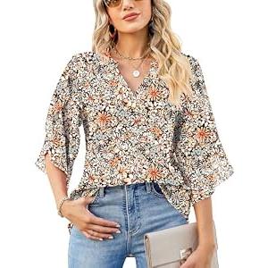 Women's Flowy Chiffon Blouse Shirts 3/ 4 Flutter Sleeve V Neck Casual Summer Solid Loose Fit Tops (Black/ Orange Floral S)