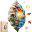 Ixfyloop Lighthouse Wooden Puzzles for Adults, Seashell Jigsaw Puzzles 500 Pieces, Unique Design Color Challenge Adult Puzzles for Family Brain Game Gift, Home Decor,12.8x23.2 inch (Large)