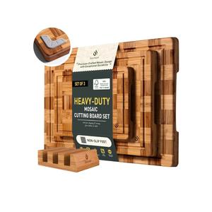3 Pack Heavy Duty Bamboo Cutting Board Set Non Toxic Wooden Cutting Board for Kitchen Non Slip Solid End Grain Thick Wood Juice Groove Chopping Board Extra Large Butcher Block Best House Warming Gift