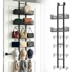 Purse Organizer, Bag Organizer for Closet Door, Over The Door Hanging Handbag Storage Rack with Adjustable 12 Metal Hooks & 2 Baskets, Foldable, No Tools Installation