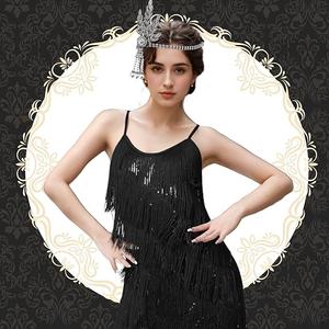 PLULON Women's 1920s Gatsby Sequin Fringed Vintage Flapper Dress Cocktail Party (Large, Black) 