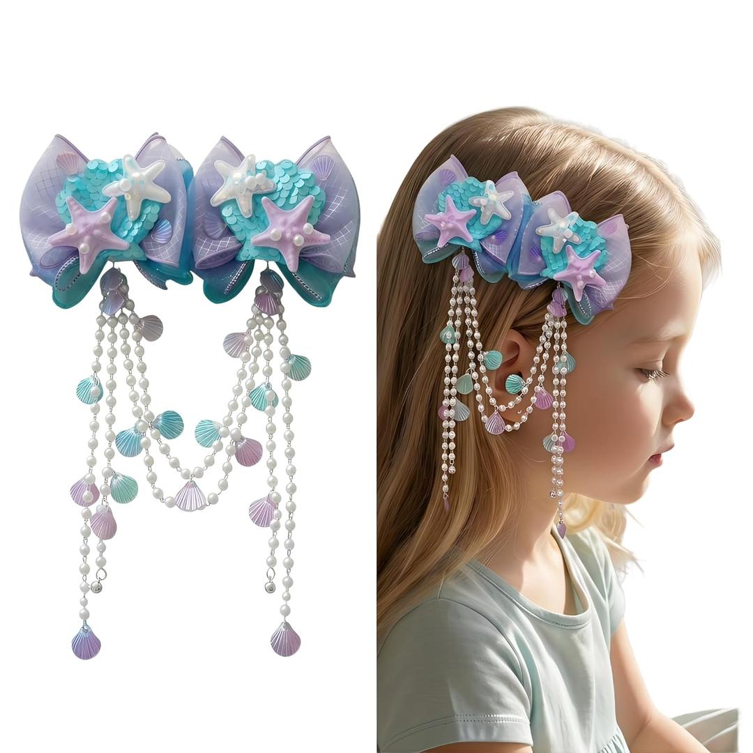 Pearl Starfish Hair Clip - Mermaid Rhinestone Hairpin for Girls & Brides, Sparkling Seashell Hair Jewelry for Wedding/Christmas/Halloween (Ocean Theme Hair Accessory)