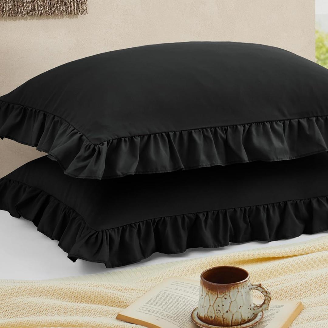 Ruffled Pillow Cases Set of 2, Black Standard Pillow Shams Brushed Microfiber Edge Ruffled Soft Pillow Cover with Envelope Closure for Bedding Decor (20"x26")