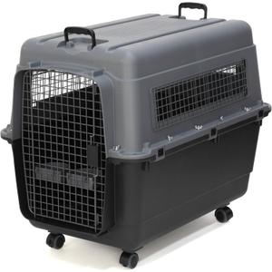SportPet Airline Approved Wire Door Travel Dog Crate, Durable Plastic Pet Travel Kennel with Removable Wheels,Collapsible, Food Bowls & Accessories,Fits Dogs up to 32" L & 24" H - X-Large -Gray/Black