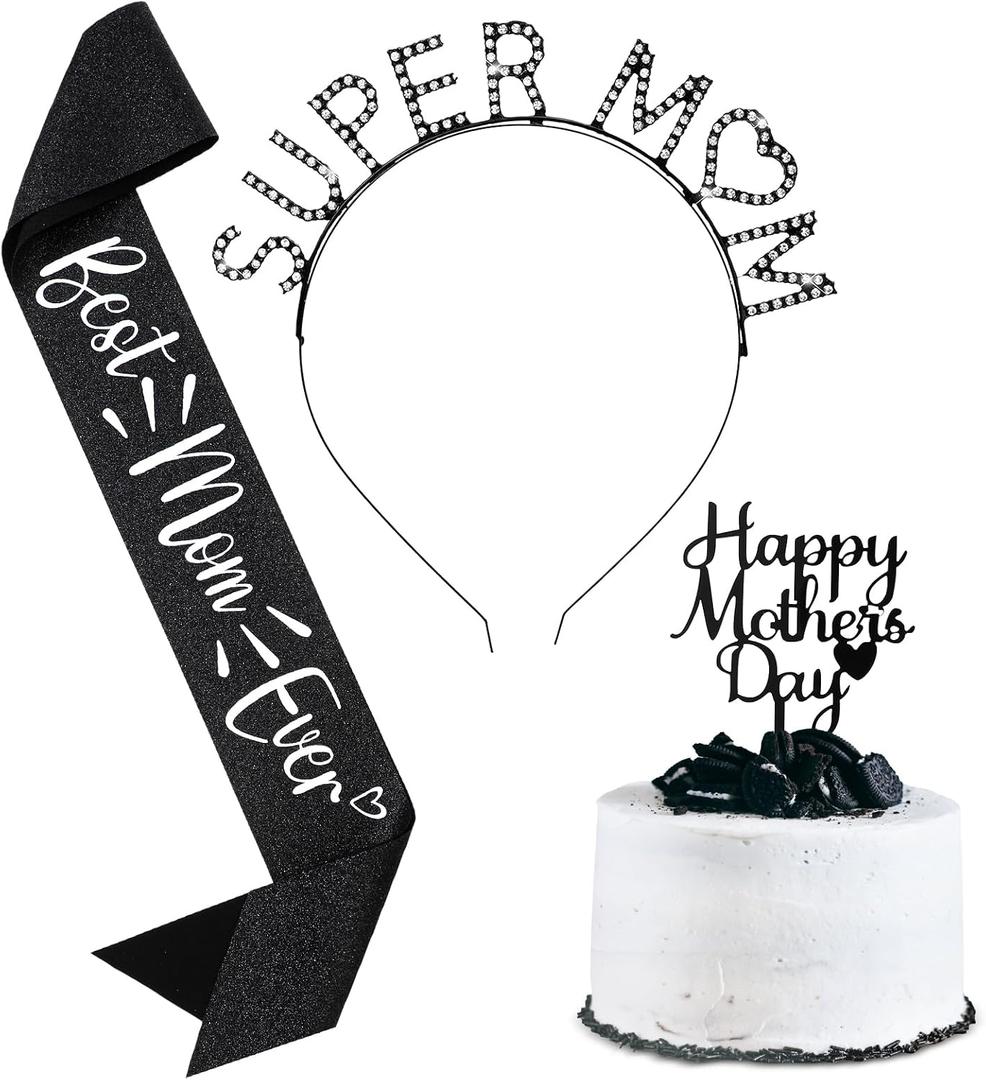 Hoteam 3 Pcs Mother's Day Gifts for Women from Daughter Son Mother's Day Cake Topper Decorations Mom Crown Tiara Best Mom Sash Birthday Sash for Wife Stepmother Grandma(Black)