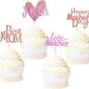 Ercaido 48 Pack Happy Mother's Day Cupcake Toppers Rose Gold Glitter Love Mother Best Mom Theme Cupcake Picks Happy Mother's Day Theme Party Cake Decorations Supplies