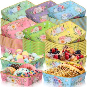 Mifoci 36 Pcs Tea Party Paper Plates Floral Food Trays 5 Lbs Large Disposable Serving Trays Vintage Nacho Boats for Birthday Weddings Bridal Showers Mother's Day Supplies Spring Decorations