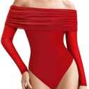 MANGOPOP Women's Off The Shoulder Long Sleeve Bodysuit Sexy Sheer Mesh Top Double Lined Body Suits Fall Outfit 2025 (Large, Red)