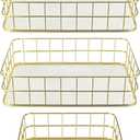 3 Pcs Gold Wire Baskets Set - Gold Baskets for Decor with 2 Large & 1 Small Metal Mesh Organizers for Home Office Desk Bathroom Storage (9.6x6.5x2.5 inch & 6.7x4.7x2.4 inch)