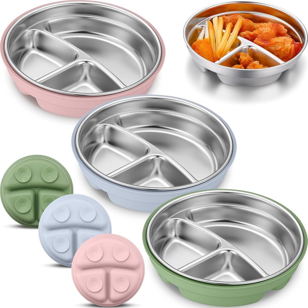 Nuogo 3 Pcs Stainless Steel Baby Suction Plates with Removable Silicone Shell 2-in-1 Metal Toddler Bowl Divided for Picky Eaters Kids Feeding Led Weaning Supplies, Dishwasher Safe (Blue, Pink, Green)