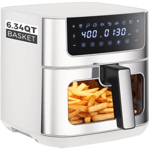 OLIXIS 6.34QT Air Fryer with Window, 8 Food Presets with 400F Max Heat, 90-Min Timer, Nonstick Dishwasher-Safe Basket for Air Fry, Roast, Reheat, Bake, Stainless Steel, White