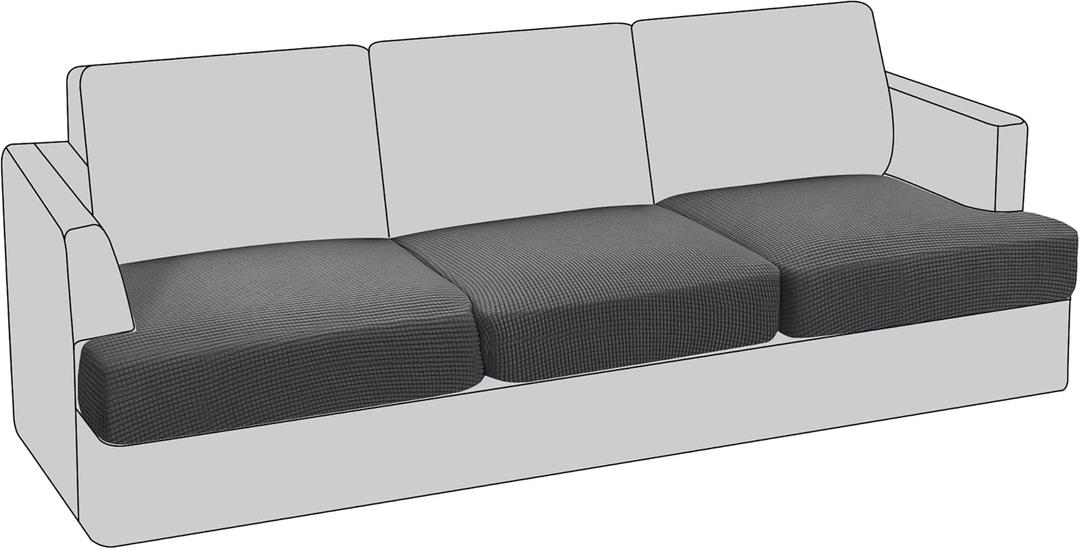 PrinceDeco Stretch T Cushion Sofa Slipcovers Jacquard 3 Piece Sofa Cushion Covers for 3 Cushion Couch Sofa Seat Cushion Covers with Elastic Bottom for Kids,Dog,Small Checked Pattern,Gray (Grey)