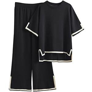 Tanming Sweater Sets Women 2 Piece Lounge Sets Short Sleeve Knit Pullover Tops Wide Leg Pants, XL