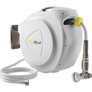 Retractable Garden Hose Reel, 1/2 in 120+6 ft, Heavy Duty Wall Mounted Water Hose Reel, Spring Power Automatic Rewind, Any Length Lock, 180° Swivel Bracket, 10 Pattern Spray Nozzle