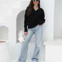 Women's Polo Sweater V Neck Long Sleeve, Pullover Knit Sweaters for Women Lapel Collar (Black, L)