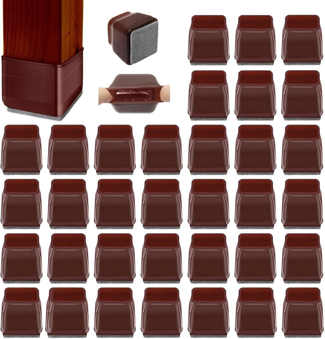 36Pcs Brown Square Chair Leg Floor Protectors, High Elastic Felt Furniture Pads for Hardwood Floors, Silicone Floor Protectors for Chairs, Chair Leg Caps Covers Socks (Small) (Square Small(Fit 1"-1.2"))
