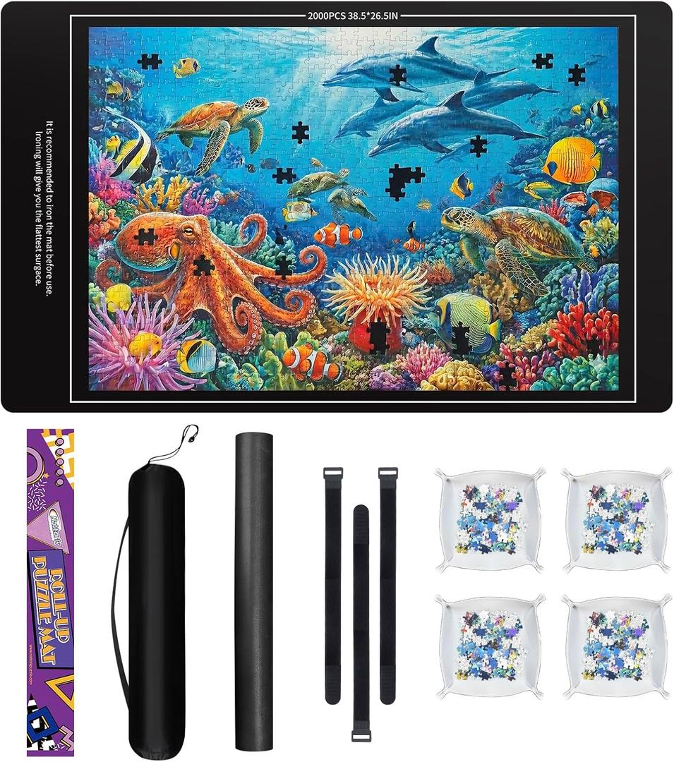 Nattork Jigsaw Puzzle Mat Roll UpPortable Saver Pad Up to 2000 Pieceswith Non-Slip Rubber Bottom4 Puzzle Sorting Trays & 1 Storage Bag, 40" X 28"
