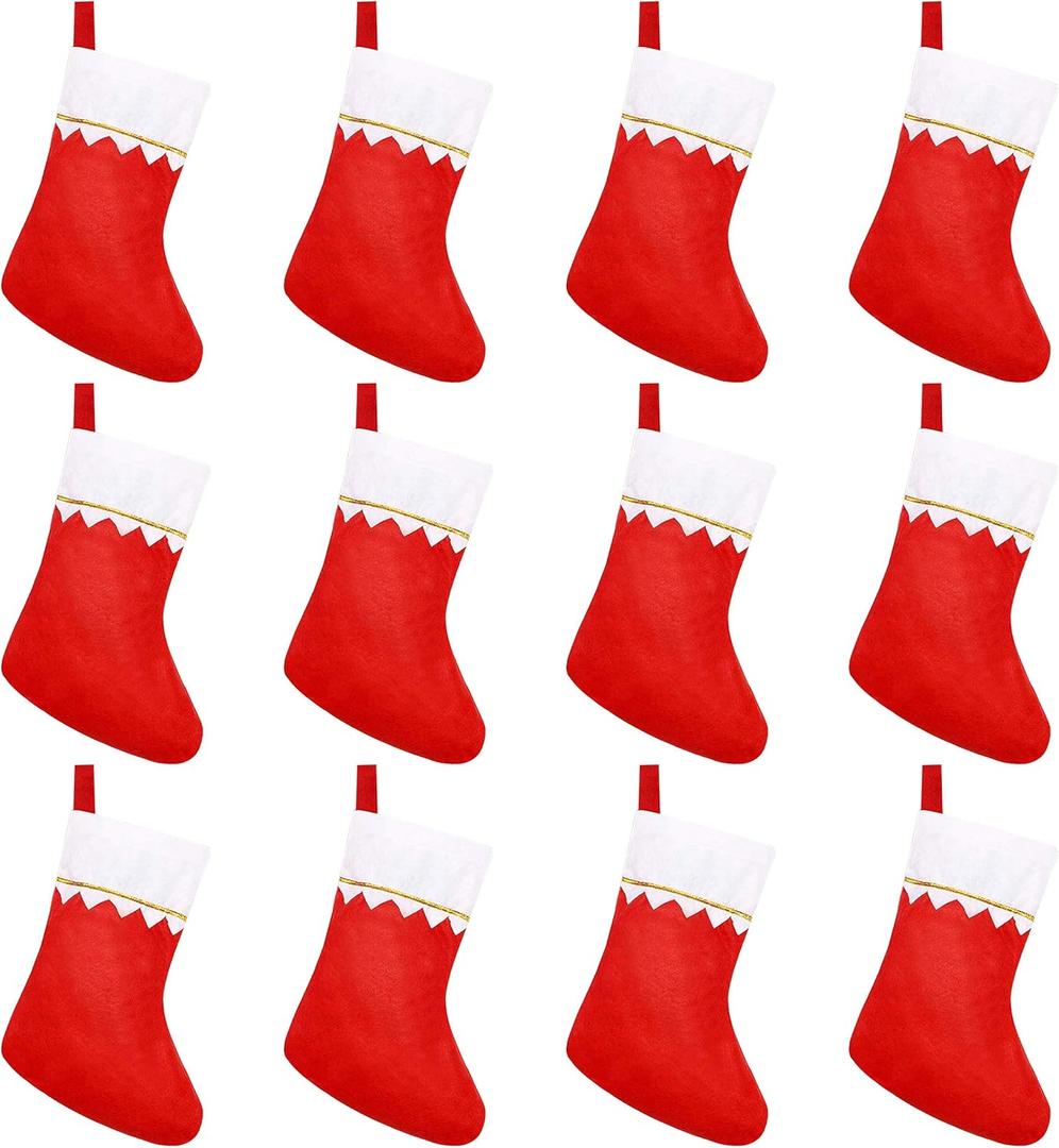 12pcs Felt Christmas Stockings for Christmas Fireplace Hanging Stocking Red Non-Woven Fabric with Golden Trim (7.5" Openning)