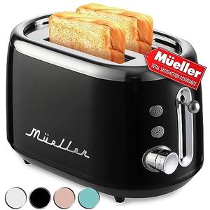 MÜELLERHOME Retro Toaster 2 Slice, 7 Browning Levels, 3 Functions (Reheat, Defrost, Cancel), Stainless Steel Features, Removable Crumb Tray, Under Base Cord Storage, Black Set of 4