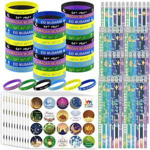 Mooliwe 496 Pcs Ramadan Gifts Eid Ramadan Pencil Wristband Sticker Set Including 48 Pencil 48 Wristband 400 Sticker for Mubarak Party Decorations Gifts(Fashion)