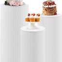 JALANCY Metal Pleated Cylinder Pedestal Stands for Party, 3 Pieces Heavy Duty Round Cake Pedestal Stand Display Plinth Pillars Art Decor for Wedding Ceremony Birthday Party（Large, White）