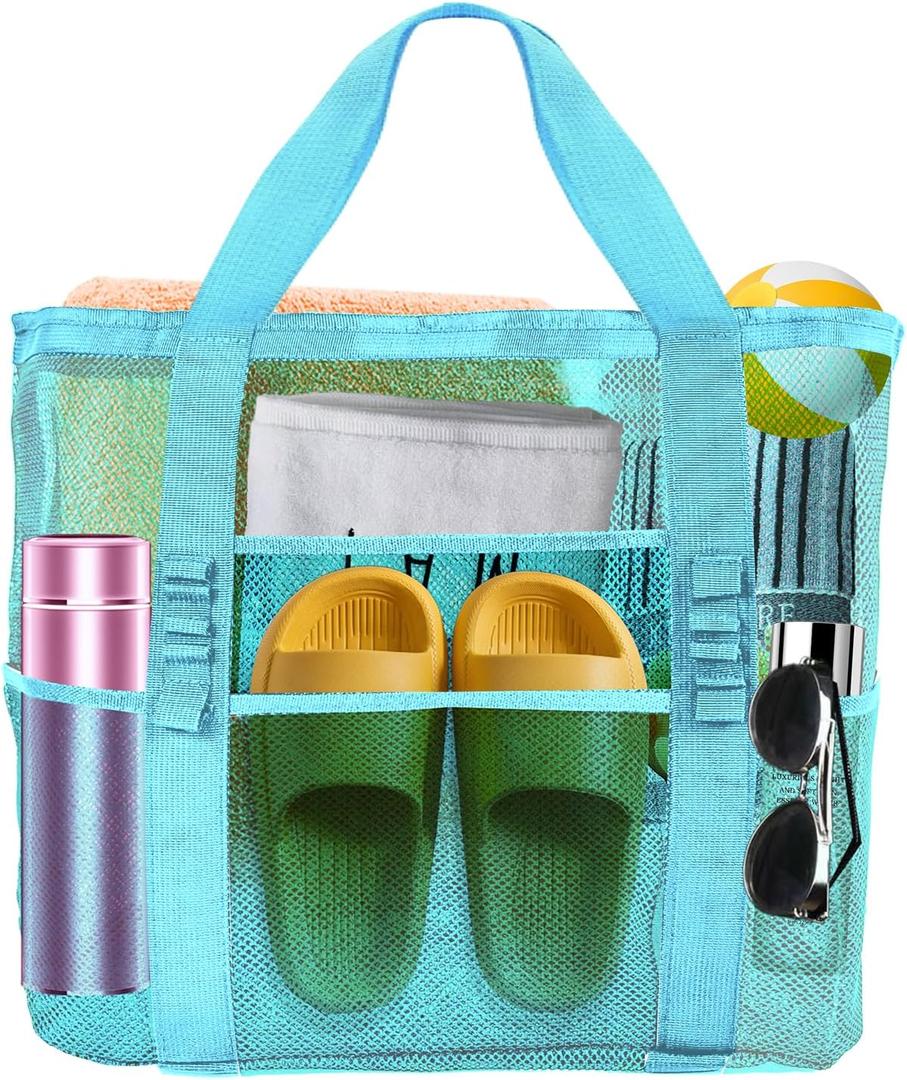 Large Mesh Beach Bag - Lightweight & Foldable Family Beach Bag with 9 Pockets for Toys, Towels & Vacation Essentials (Blue)