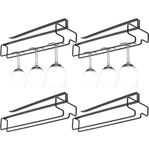 4PCS Wine Glass Holder, Stemware Rack Hanger Under Cabinet, Hanging Glass Storage Rack Organizer for Kitchen Bar, Black