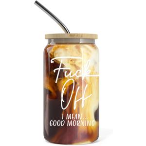 16 oz Iced Coffee Cup with Bamboo Lids and Straws | Mason Jar Cups & Iced Coffee Tumbler with Lid and Straw | Glass Cups for Coffee, Boba Cup | Beer Can Glass & Smoothie Cup - Good Morning