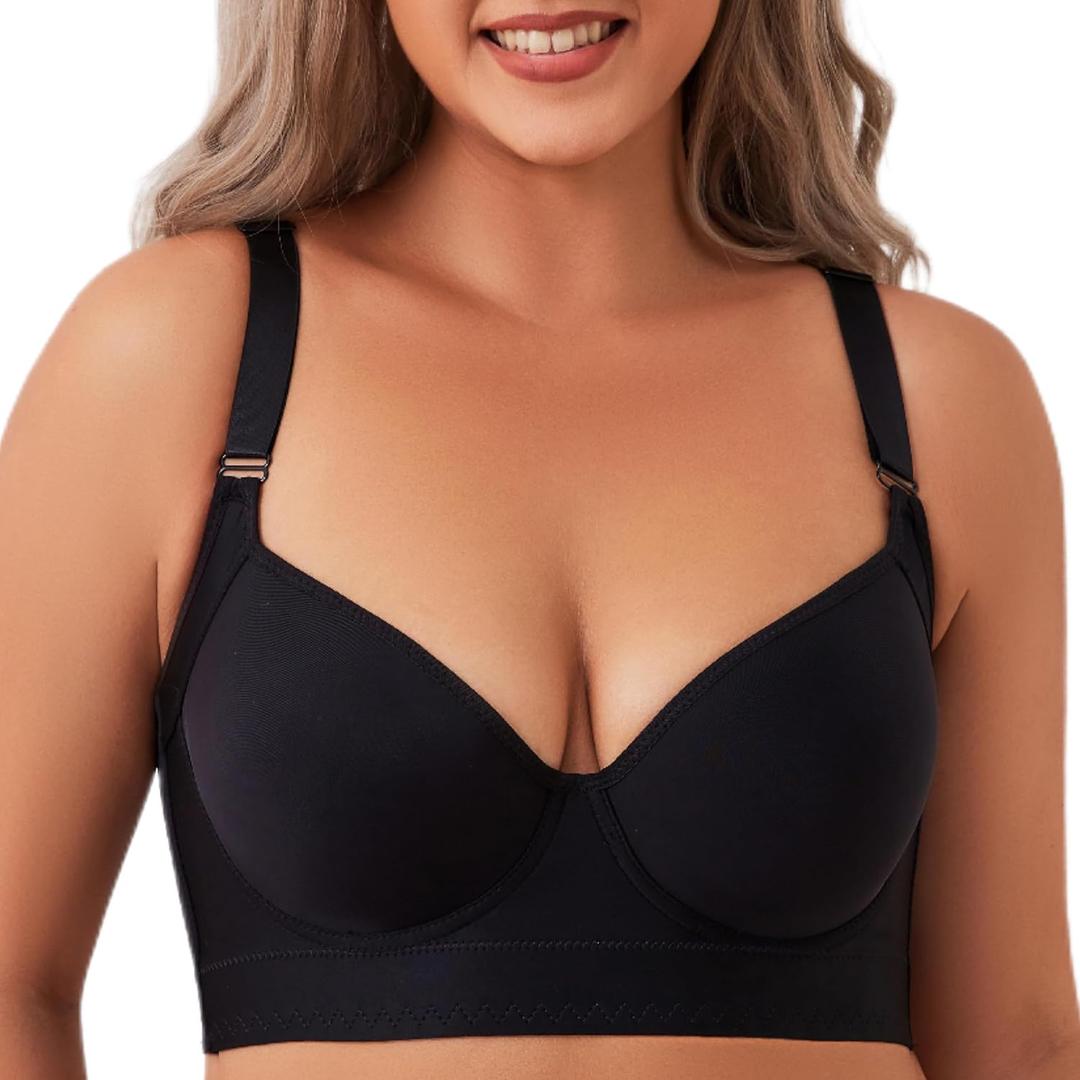 Women's Push Up Bra - Full-Coverage Underwire Bra with Support and Back Fat Control (42D, Black)