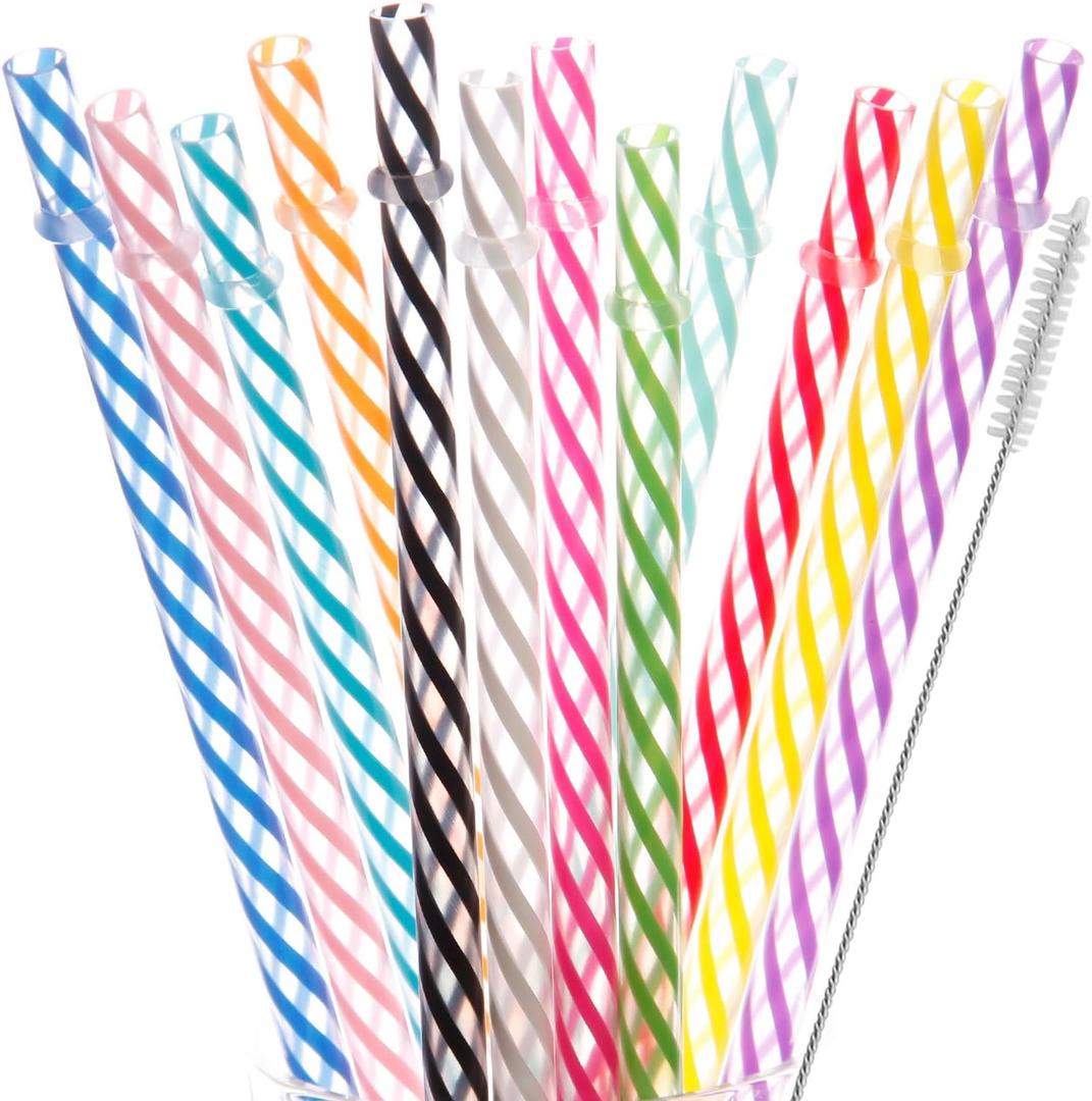 Dakoufish 12 Piece 10 Inch Reusable Plastic Thick Drinking Straws BPA Free Mason Jar Straws Transparent Small Stripe (10inch, Mix 12color)