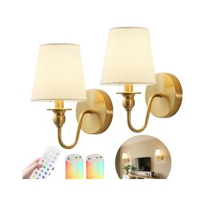 Battery Operated Wall Sconces set of Two,Wireless Wall Sconces with 10000mAh Dimmable Bulb and Remote,LED 15 Colors Rechargeable Gold Wall Sconce with Fabric for Bedroom Living Room Hallway Wall Decor