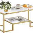 Wolawu Coffee Table Gold Glass Coffee Table for Living Room,2 Tiers Rectangle Center Table with Sturdy Metal Frame,Modern Tempered Glass Accent Table for Bedroom Home Office, 39.4x18.9x17.7 inches