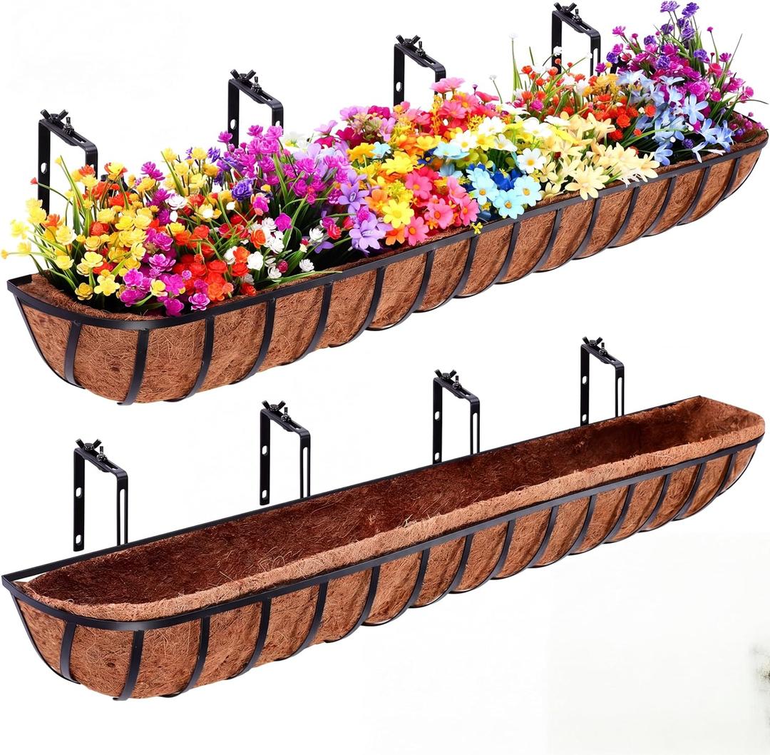 Tessco for you 2 Pack 48 Inch Window Baskets with Coconut Liner 4 Adjustable Flower Brackets Window Deck Planters Boxes Railing Planter Metal Hanging Flower Planter for Indoor Outdoor Lawn