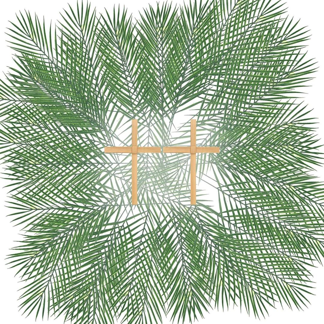 50 Pcs Easter Palm Sunday Decoration Crafts Including 25 5'' Religious Crosses and 25 9.4'' Artificial Palm Leaves Large Faux Plants Branches for Sunday Church Arrangement Party Decoration