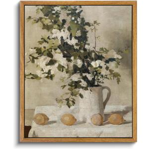 VIYYIEA Vintage Framed Canvas Wall Art, Kitchen Art Decor, Flowers and Lemons Pictures Painting, Vintage Farmhouse Country Decor for Dining Room Bathroom, 9"x11"