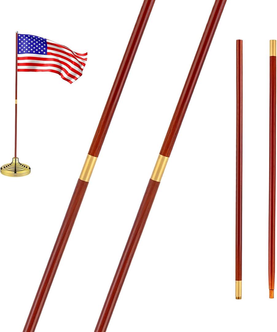Landical 2 Pcs Indoor or Parade Flagpole Solid Wooden Flag Pole Brass Screw Joint Indoor Flag Pole, Brown and Gold (8 ft)
