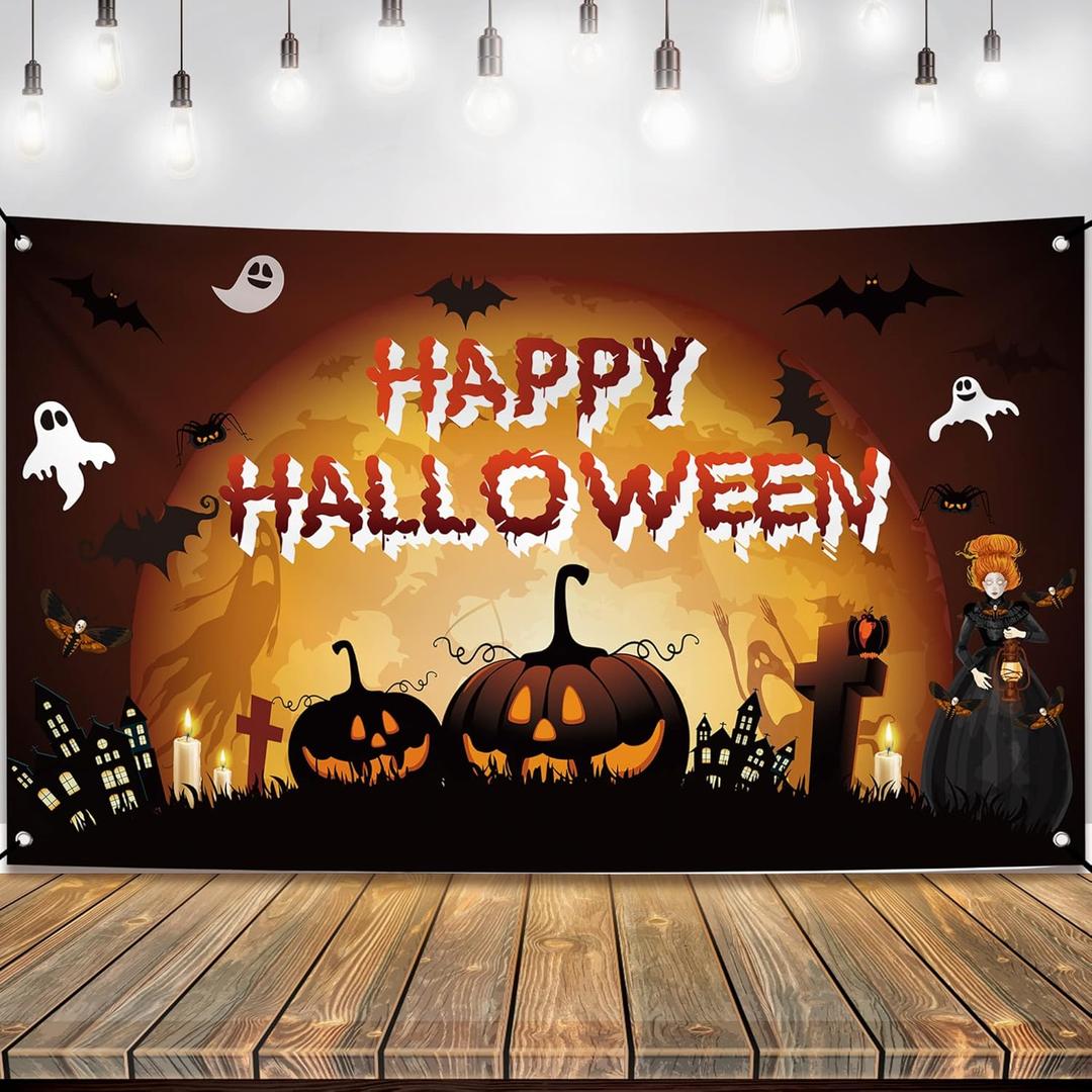KatchOn Haunted Happy Halloween Backdrop - XtraLarge, 72x44 Inch | Scary Pumpkin Banner for Outdoor Decorations