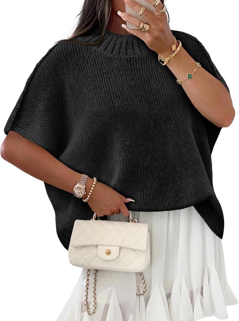 Saodimallsu Womens Oversized Sweater Tops Summer Lightweight Batwing Half Sleeve Casual Loose Knit Pullover Shirts (Small, Black)