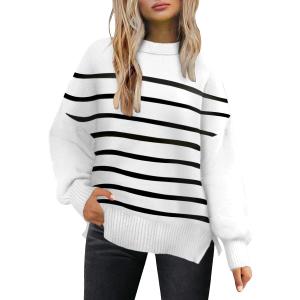 Lylinan Cozy Oversized Sweater for Women Side Slit Knit Pullover Crewneck Top for Fall Winter Outfits XS-XXL (White, M)