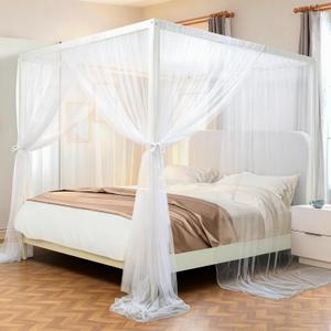 tupi Canopy Bed Curtains for King Size Bed, 100% Polyester Breathable Bed Canopy, 4 Corners Post Mosquito Net Canopy for Adults Bedroom Decor-White