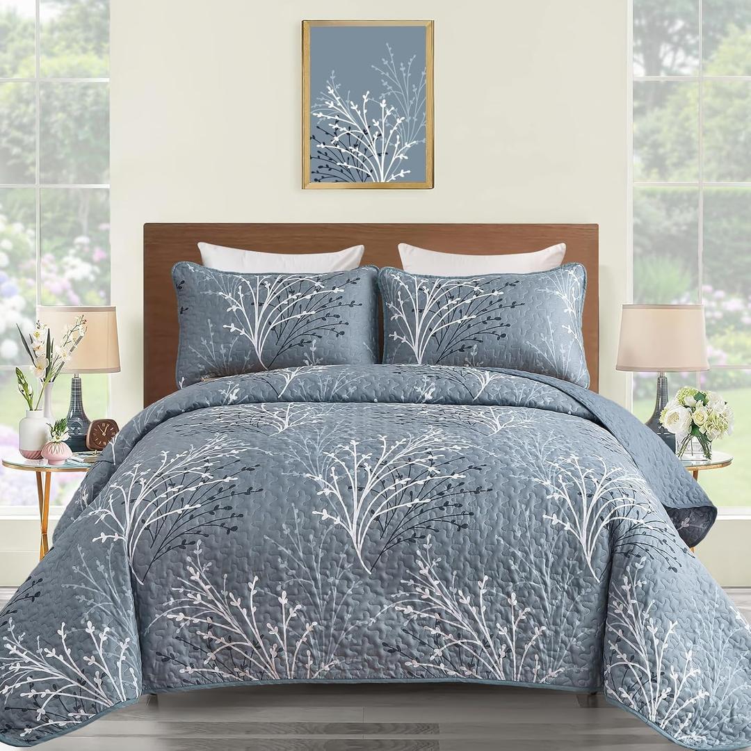 DJY Quilt Set King Size Blue Branch Floral Quilt Bedding Set, 3 Pieces Tree Botanical Bedspread Lightweight Microfiber Summer Coverlet Bedding Set for All Season 110''x90