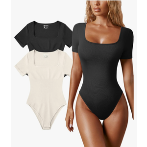 OQQ Women's 2 Piece Bodysuits Sexy Ribbed One Piece Square Neck Short Sleeve Bodysuits Size M