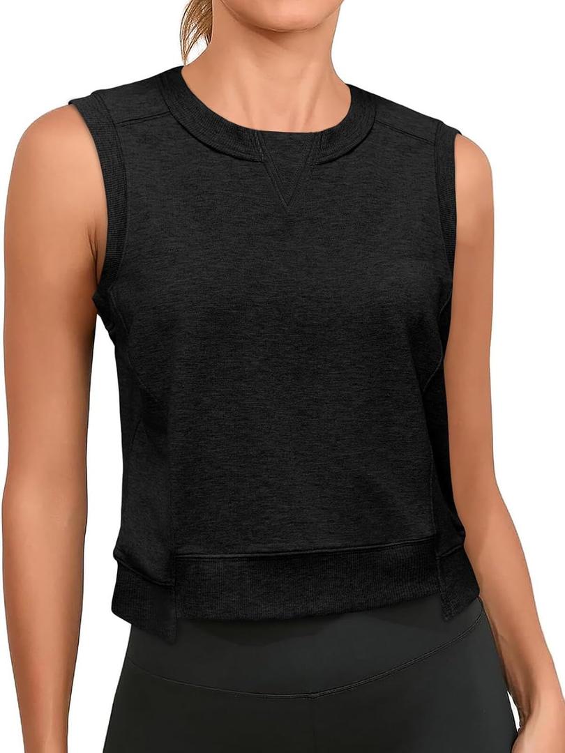 Cicy Bell Womens Cropped Workout Tank Tops Summer Casual Sleeveless Sweatshirts Athletic Gym Crew Neck Tees (X-Large, Black)