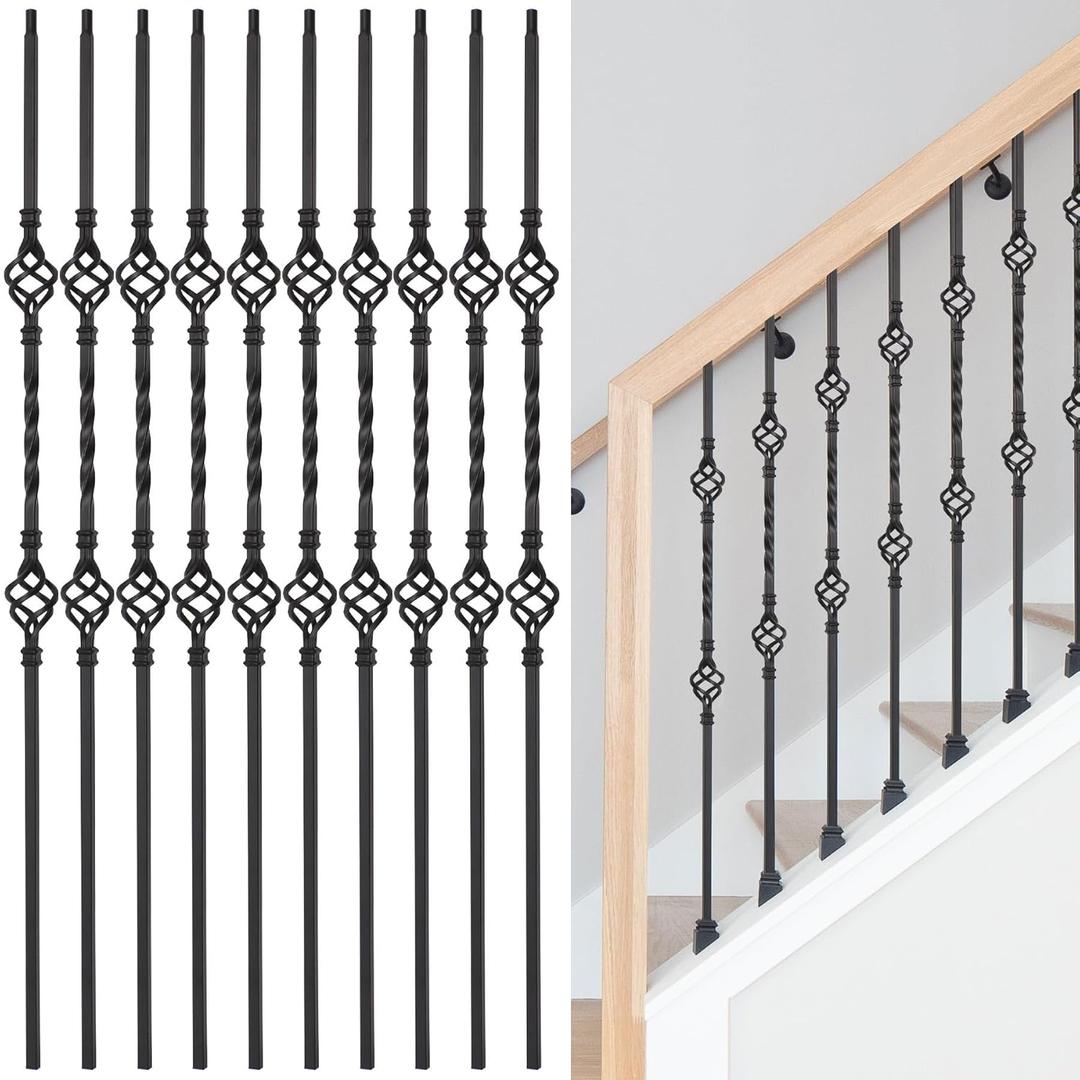 Iron Baluster Staircase Hollow Double Basket Single Twist Staircase Spindles 44"X1/2" Sturdy Modern Decorative Railing Spindles Square Stair Railing for Indoor Outdoor Deck Spindles-10pcs Matte Black (10 Pack 44")