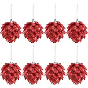 Jetec 8 Pieces Christmas Tree Ornaments Glitter Christmas Tree Hanging Decoration Decorative Artificial Pine Cones Flowers Hanging Ornaments for Winter Wreath Holiday Decor(Red)