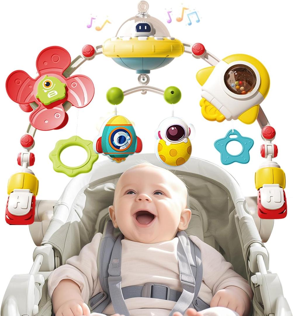 Musical Baby Stroller Arch Toys, Travel Car Seat Toys, Baby Play Arch Crib Accessory Toys, Mobile for Bassinet, Pram Activity Arch Bar Toys for Babies Infants (Space Yellow)