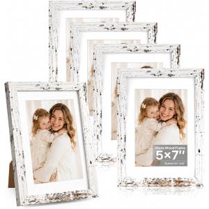 Distressed White 5x7 Picture Frame, Picture Frames 5x7 Wooden Picture Frames with Real Glass, Rustic 5 x 7 Photo Frame for Wall or Tabletop, Display Picture 4x6 with Mat or 5x 7 Without Mat (5 Pack)