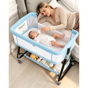 Baby Bassinets Bedside Sleeper with Wheels and Mattress, Cosleeping Baby Bed with Storage, Co-Sleeper Bassinet Attach to Bed, Bed Side Crib with Breathable Mesh, Height Adjustable (Blue), 35.4‘’Lx21.7''W28''-32.7''H