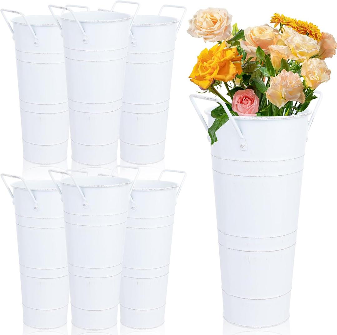 6 Pcs Galvanized Bucket Bar, 10 Inch Flower Bucket and Metal Vase with Handles, Farmhouse Vases for Wedding and Cut Flowers, Balcony Garden (White)