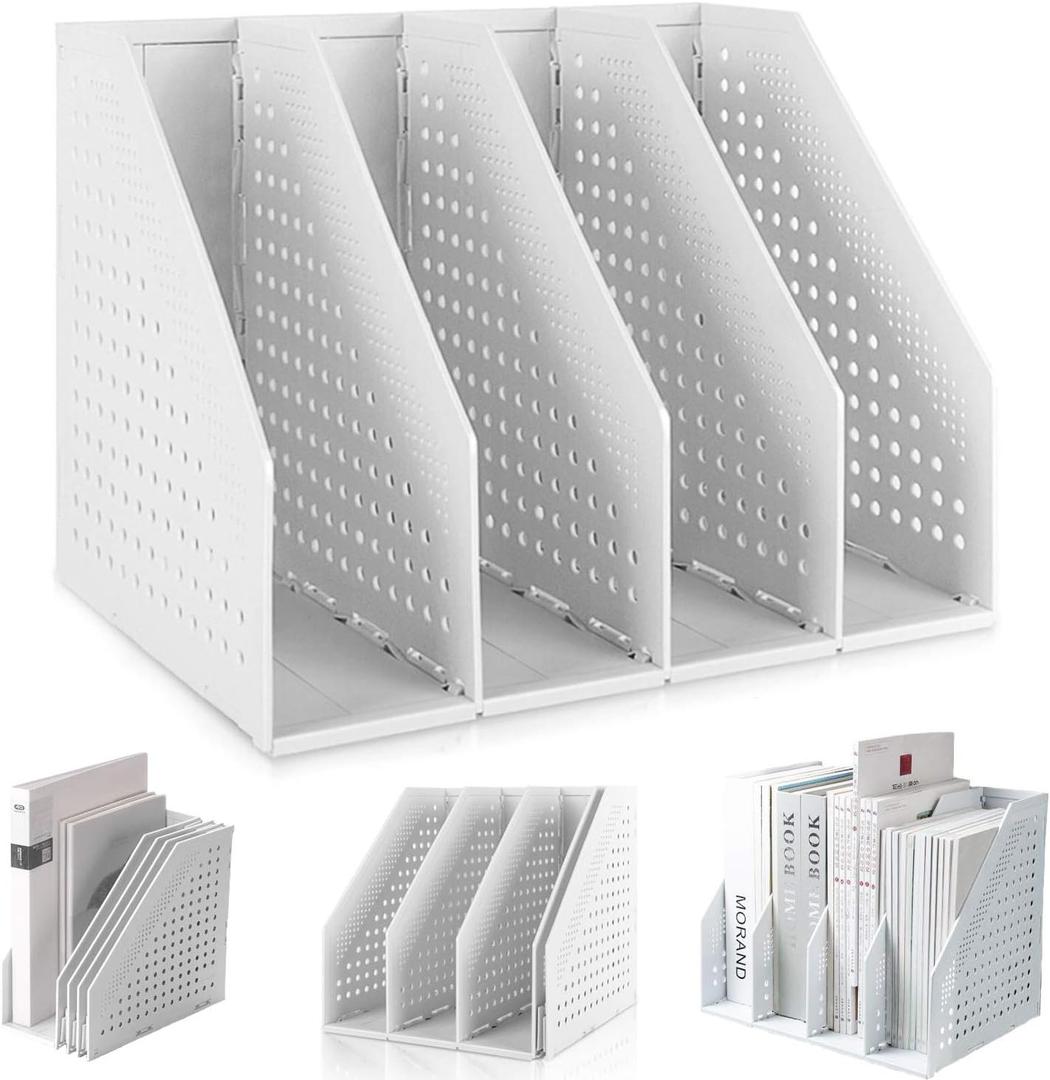 Lemical Magazine Holder 4 Vertical Compartments Collapsible Magazine File Holder Space Saving Rack Home Kitchen Desk Organizer No Need to Assemble Gray